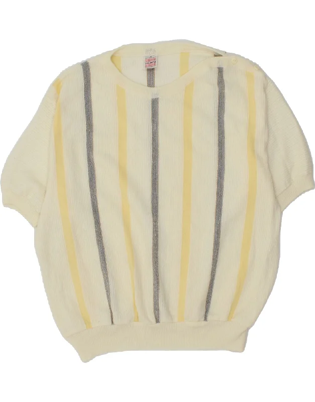 VINTAGE Womens Short Sleeve Boat Neck Jumper Sweater IT 50 XL Off White Spandex Blend Rayon Blend Denim Blend VINTAGE Womens Short Sleeve Boat Neck Jumper Sweater IT 50 XL Off White Spandex Blend Rayon Blend Denim Blend
