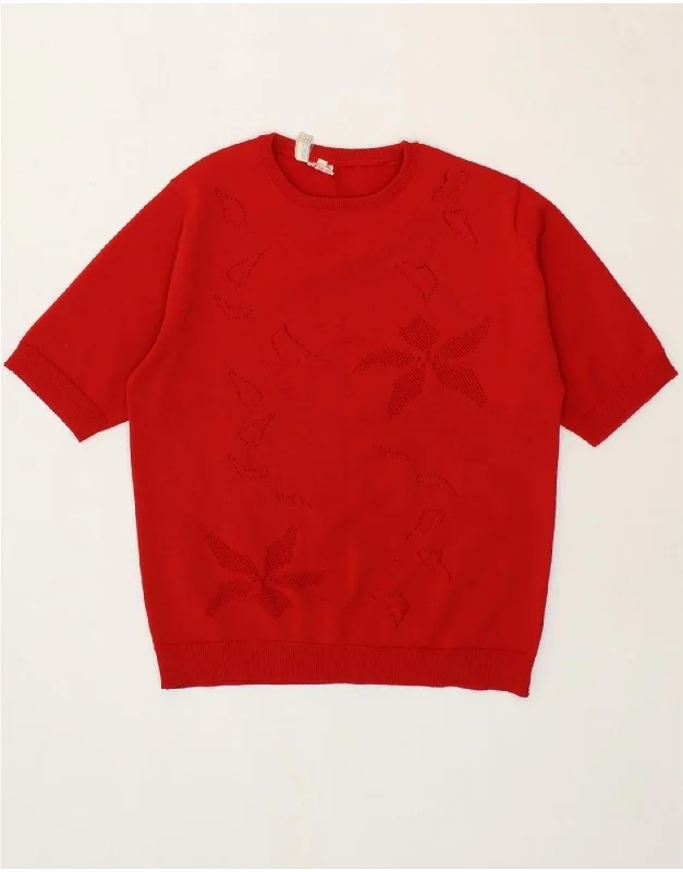 VINTAGE Womens Short Sleeve Crew Neck Jumper Sweater UK 10 Small Red Soft Cozy Warm