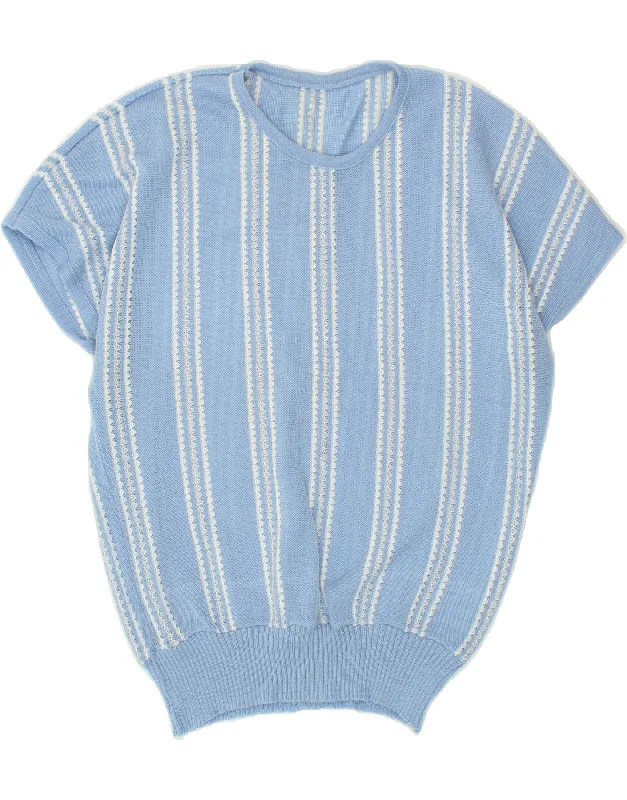 VINTAGE Womens Short Sleeve Crew Neck Jumper Sweater UK 14 Medium Blue Cable Knit Ribbed Knit Lace Knit VINTAGE Womens Short Sleeve Crew Neck Jumper Sweater UK 14 Medium Blue Cable Knit Ribbed Knit Lace Knit
