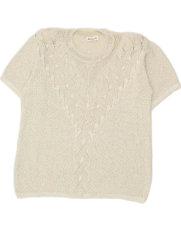 VINTAGE Womens Short Sleeve Crew Neck Jumper Sweater UK 18 XL Beige Open Front Closed Front Wrap Front VINTAGE Womens Short Sleeve Crew Neck Jumper Sweater UK 18 XL Beige Open Front Closed Front Wrap Front