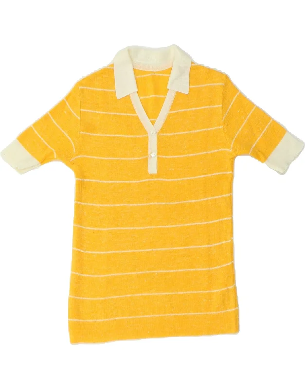 VINTAGE Womens Short Sleeve Polo Neck Jumper Sweater UK 8 Small Yellow Chenille Blend Fleece Blend Nylon Blend