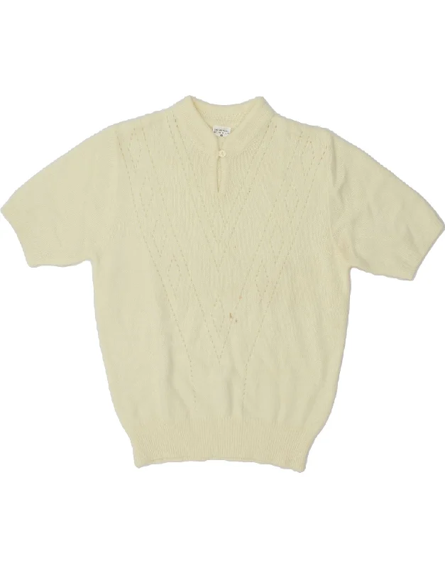 VINTAGE Womens Short Sleeve V-Neck Jumper Sweater EU 40 Medium Off White Wool Fabric Cashmere Fabric Tweed Fabric VINTAGE Womens Short Sleeve V-Neck Jumper Sweater EU 40 Medium Off White Wool Fabric Cashmere Fabric Tweed Fabric