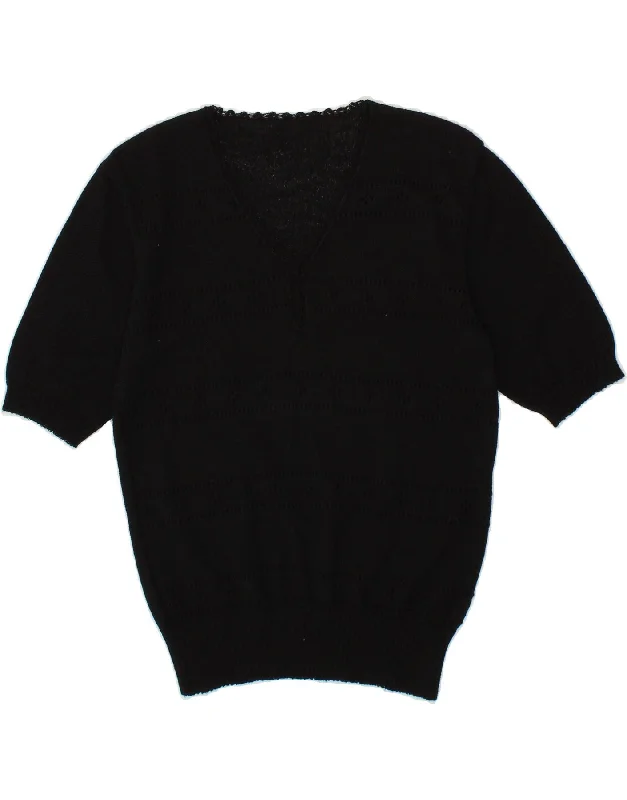 VINTAGE Womens Short Sleeve V-Neck Jumper Sweater UK 12 Medium Black Chenille Brocade Lace VINTAGE Womens Short Sleeve V-Neck Jumper Sweater UK 12 Medium Black Chenille Brocade Lace