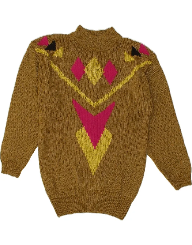 VINTAGE Womens Turtle Neck Jumper Sweater UK 14 Medium Khaki Geometric Graphic Sweater Embroidered Appliqued VINTAGE Womens Turtle Neck Jumper Sweater UK 14 Medium Khaki Geometric Graphic Sweater Embroidered Appliqued