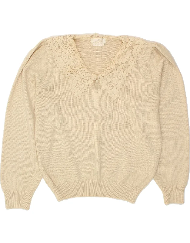 VINTAGE Womens V-Neck Jumper Sweater UK 10 Small Beige Floral Acrylic Hooded Sweater Collared Sweater Shawl Collar VINTAGE Womens V-Neck Jumper Sweater UK 10 Small Beige Floral Acrylic Hooded Sweater Collared Sweater Shawl Collar