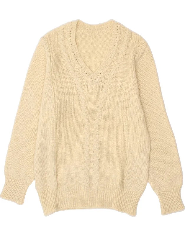 VINTAGE Womens V-Neck Jumper Sweater UK 12 Medium Off White Chenille Fabric Brocade Fabric Lace Fabric VINTAGE Womens V-Neck Jumper Sweater UK 12 Medium Off White Chenille Fabric Brocade Fabric Lace Fabric