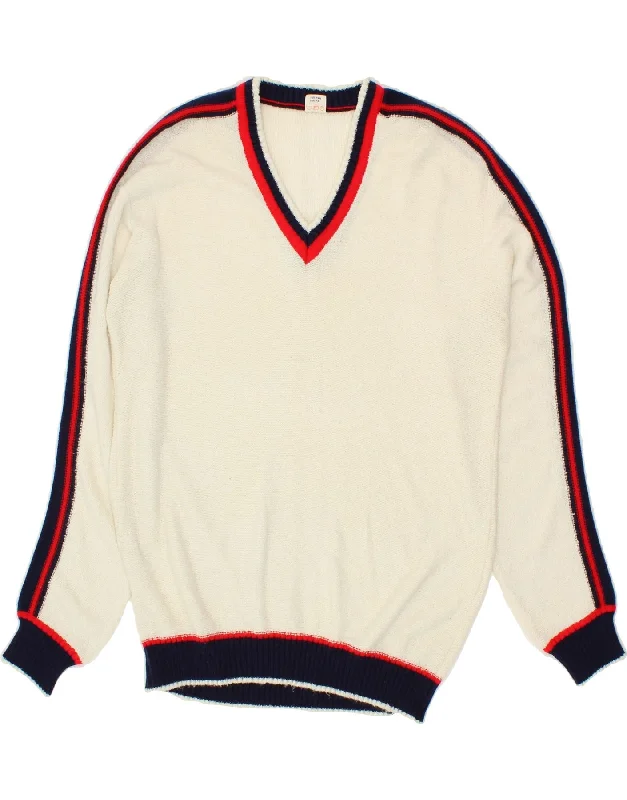 VINTAGE Womens V-Neck Jumper Sweater UK 14 Large Off White Real Fur Shearling Chenille VINTAGE Womens V-Neck Jumper Sweater UK 14 Large Off White Real Fur Shearling Chenille