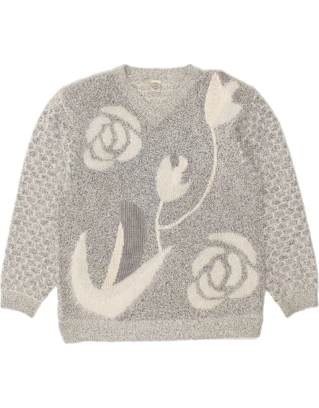 VINTAGE Womens V-Neck Jumper Sweater UK 14 Medium Grey Floral Cotton Stylish Fashionable Trendy VINTAGE Womens V-Neck Jumper Sweater UK 14 Medium Grey Floral Cotton Stylish Fashionable Trendy
