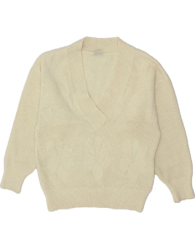 VINTAGE Womens V-Neck Jumper Sweater UK 14 Medium Off White Floral Mesh Fabric Canvas Fabric Denim Fabric VINTAGE Womens V-Neck Jumper Sweater UK 14 Medium Off White Floral Mesh Fabric Canvas Fabric Denim Fabric