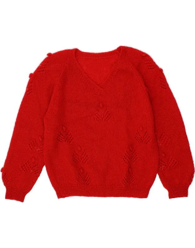 VINTAGE Womens V-Neck Jumper Sweater UK 16 Large Red Bright Pastel Dark