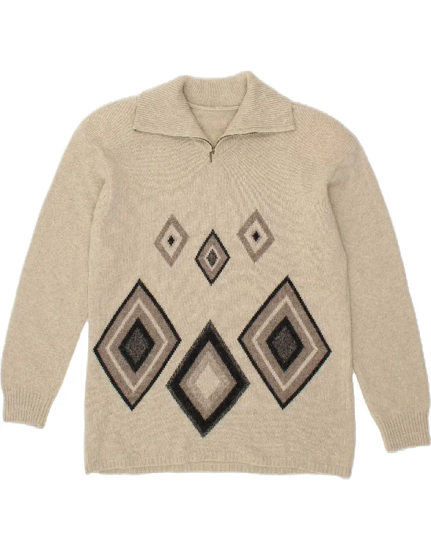VINTAGE Womens Zip Neck Jumper Sweater UK 16 Large Beige Argyle/Diamond Fitted Loose Oversized VINTAGE Womens Zip Neck Jumper Sweater UK 16 Large Beige Argyle/Diamond Fitted Loose Oversized