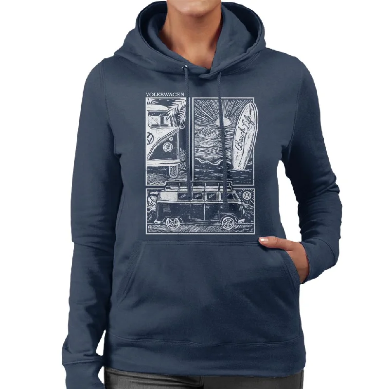 Volkswagen T1 Camper Beach Life Doodle Women's Hooded Sweatshirt Hoodie with Puffed Sleeves Voluminous Trendy