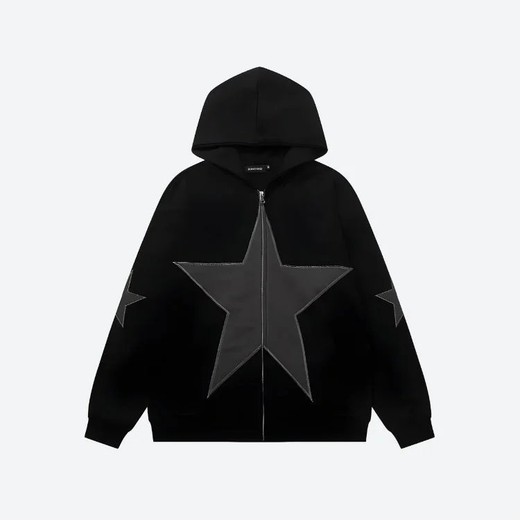 Y2K Star Patch Zip-Up Hoodie Hoodie with Slim Fit Tailored Modern