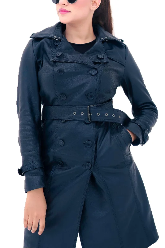 New Ladies Women Black Weather Protective Genuine Real Leather Long Trench Coat