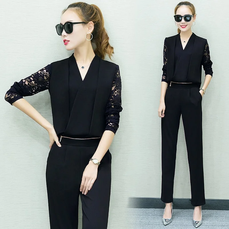 Long Sleeve Lace Patchwork Tops+Trousers Trousers Business Professional