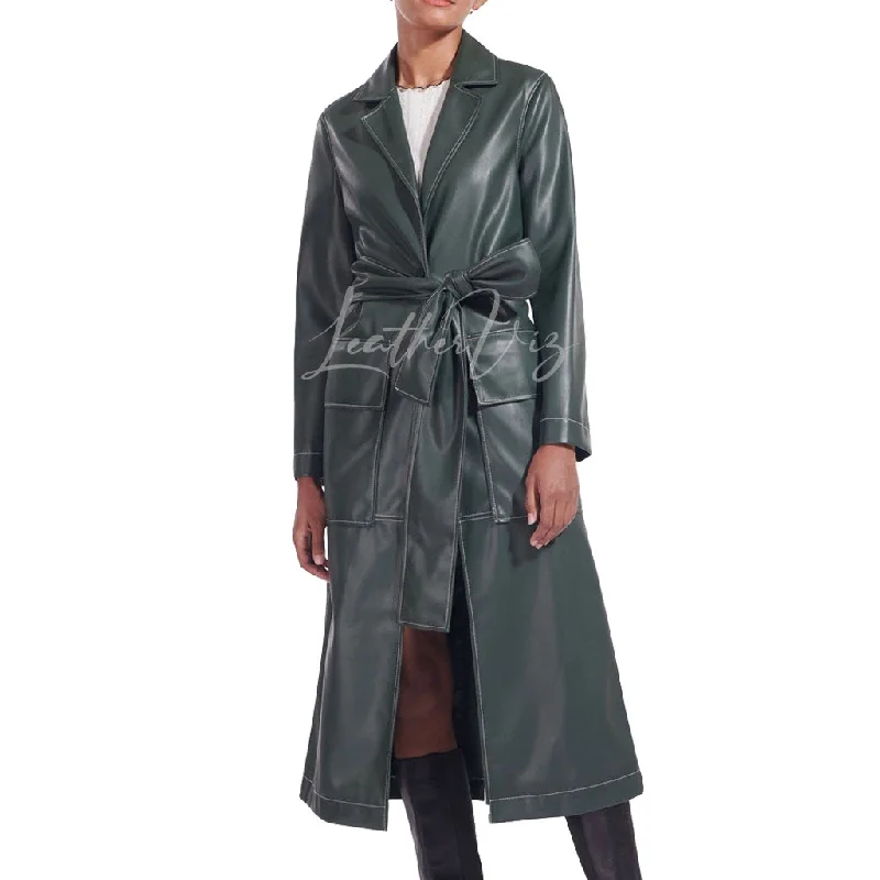 NOTCH COLLAR WOMEN LEATHER TRENCH COAT