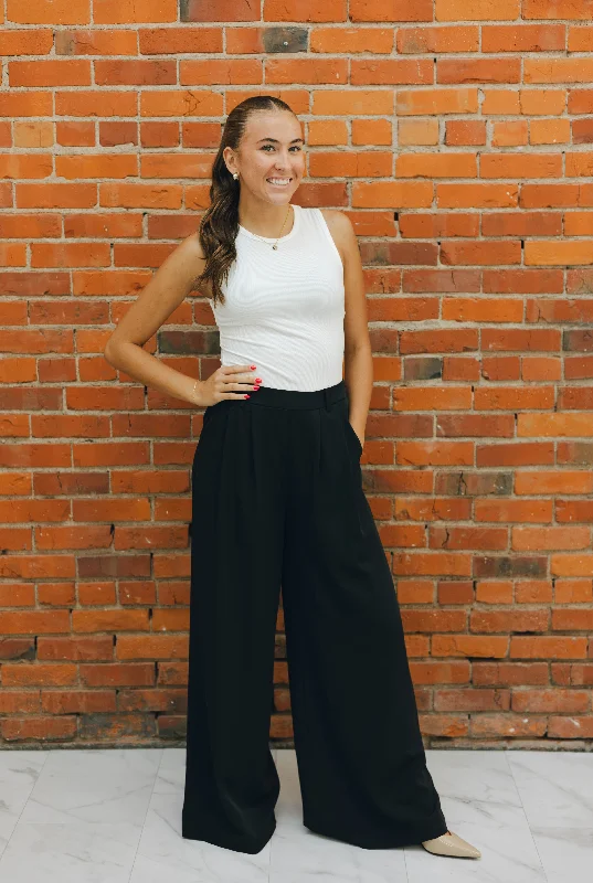 Pleated Solid Dress Pants - Black Trousers Lace Delicate