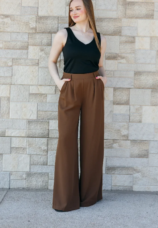Pleated Solid Dress Pants - Brown Trousers Brand Named