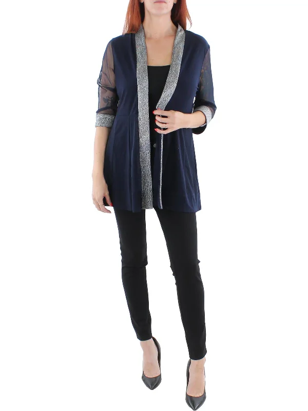 Petites Womens Mesh Inset Contrast Trim Duster Blazer