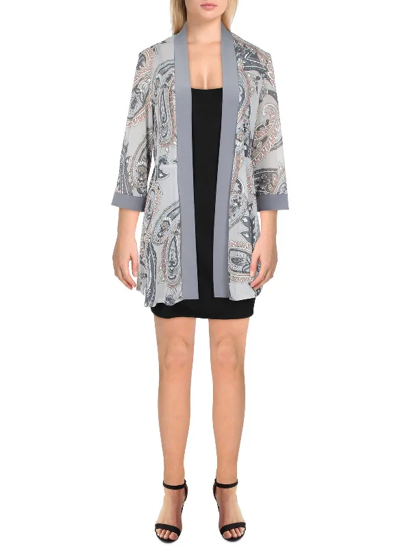 Petites Womens Mesh Printed Duster Blazer