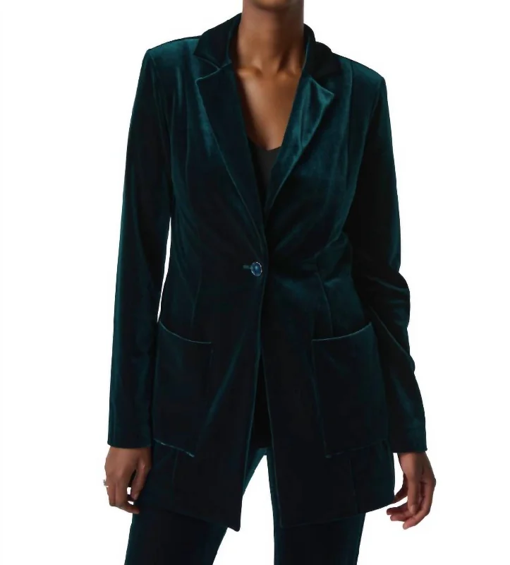 Velvet Blazer With Notch Collar And Pockets In Dark Green