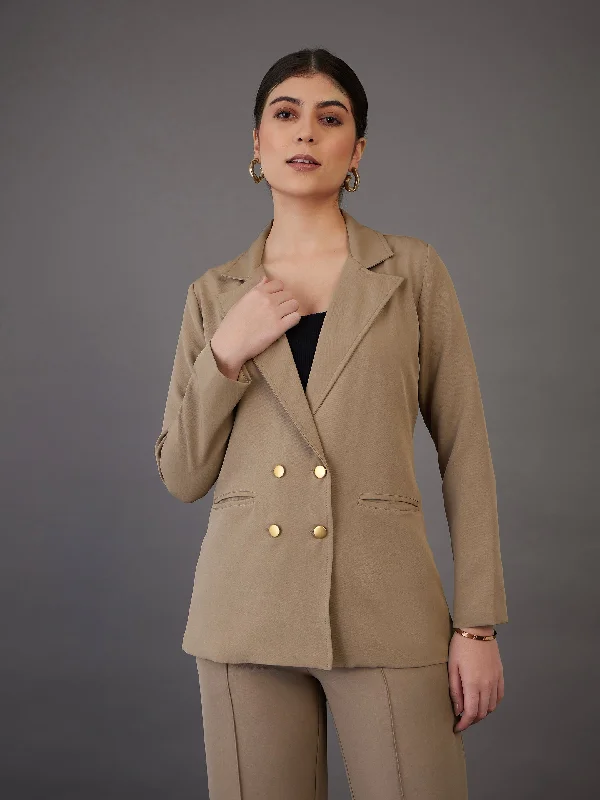 Lyush Women Beige Double-Breasted Blazer