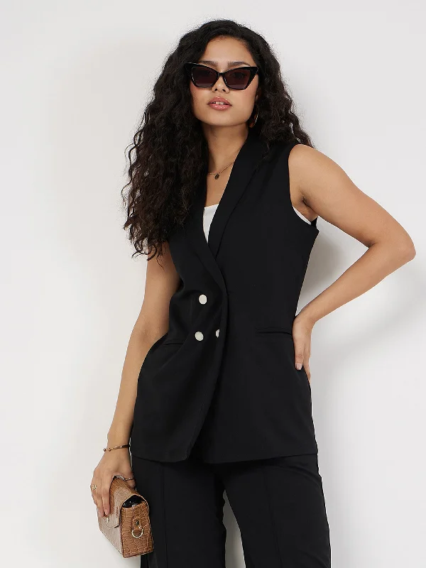 Lyush Women Black Double-Breast Sleeveless Longline Blazer