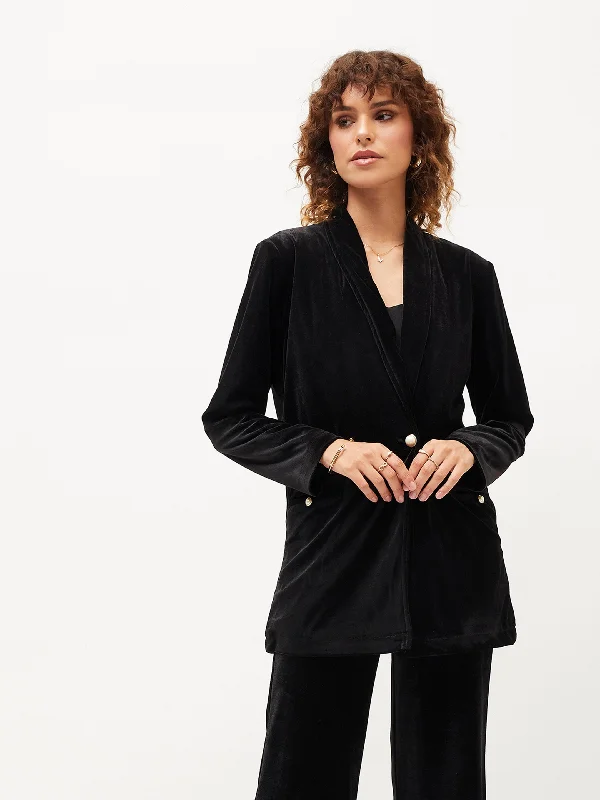 Lyush Women Black Velvet Shawl Collar Blazer