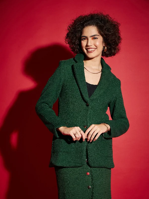 Lyush Women Green Tweed Notch Collar Blazer