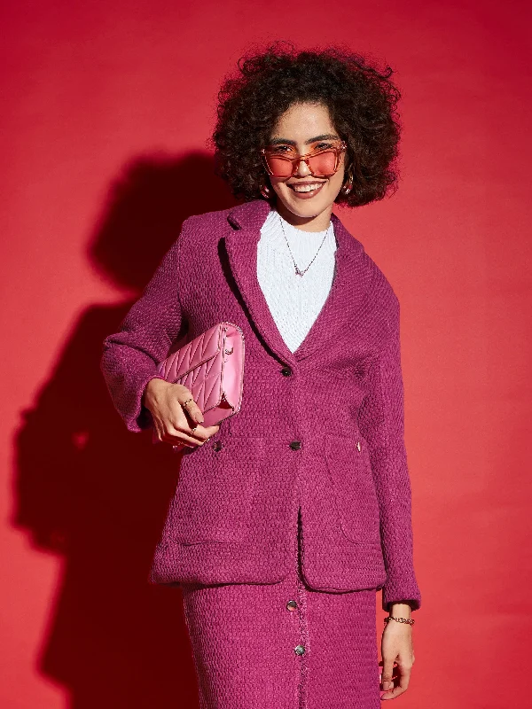 Lyush Women Magenta Tweed Notch Collar Blazer