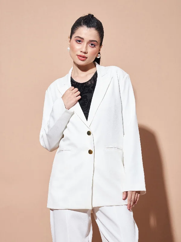 Lyush Women White Notch Collar Front Open Blazer