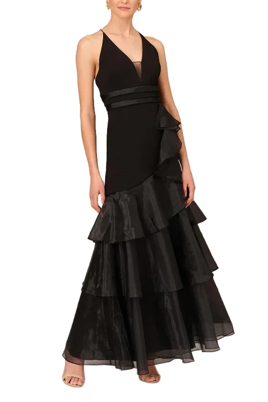 Aidan Mattox Tiered Halter Trumpet Ruffled Long Dress