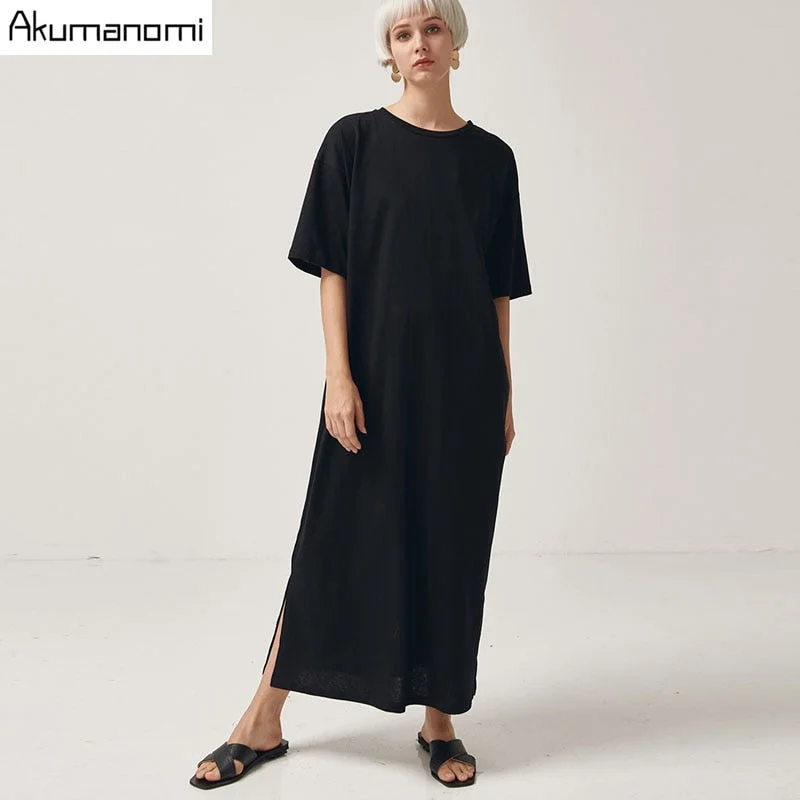 Black Cotton Long Dresses Ladies Plus Size Women Xxxl 4xl 5xl 6xl 7xl O-neck Short Sleeve Befree Maxi Casual Dress Cotton Tops