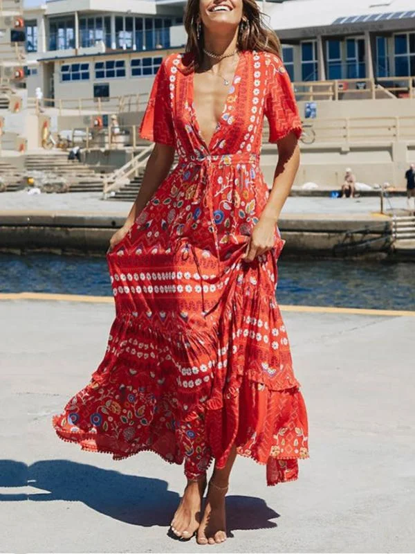 Bohemian Holiday Chiffon V-neck Open Long Dress