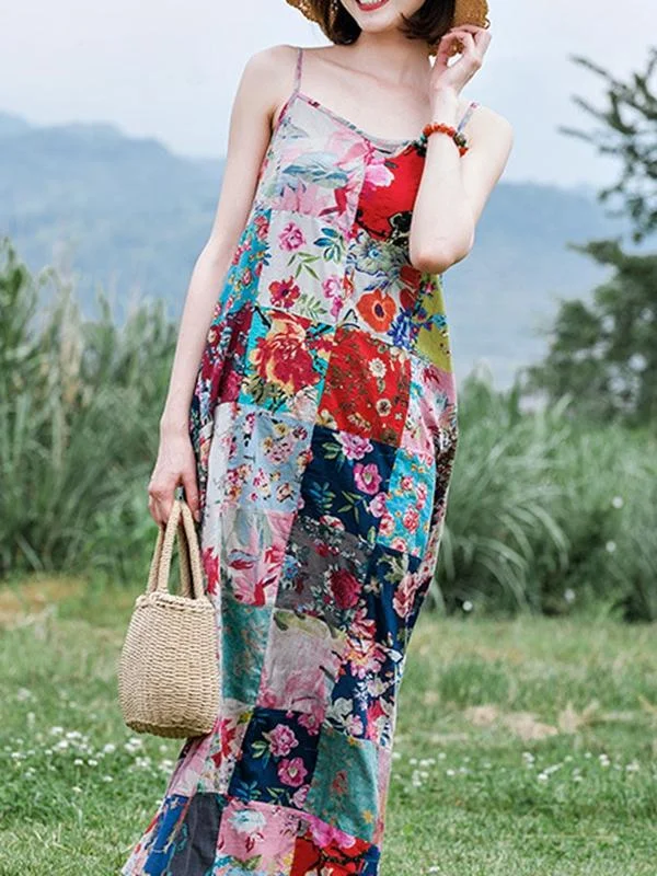 Bohemian Sling Print Stitching Long Dress