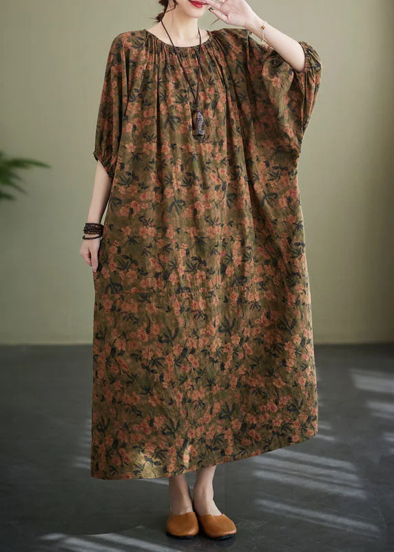 Chic Floral O Neck Wrinkled Patchwork Cotton Long Dresses Lantern Sleeve