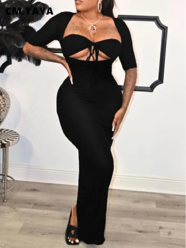 CM.YAYA Women Black Half Length Sleeve Cut Out Front Bodycon Midi Maxi Long Dress for Sexy Party Winter Spring