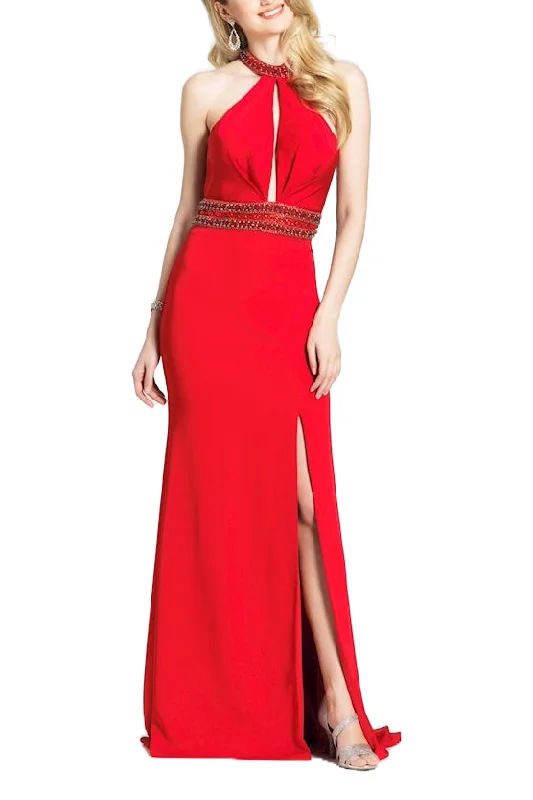 Dave & Johnny Embellished Halter Neck Slit Front Embellished Waist Zipper Back Cutout Back Satin Dress