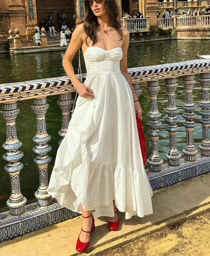 White Sling Sleeveless Backless Long Dresses