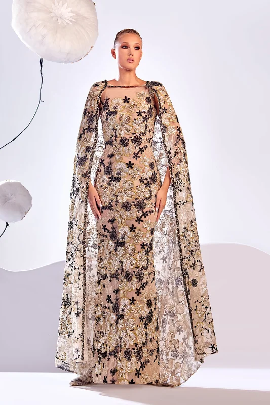 Floral motif fully embroidered dress with cape