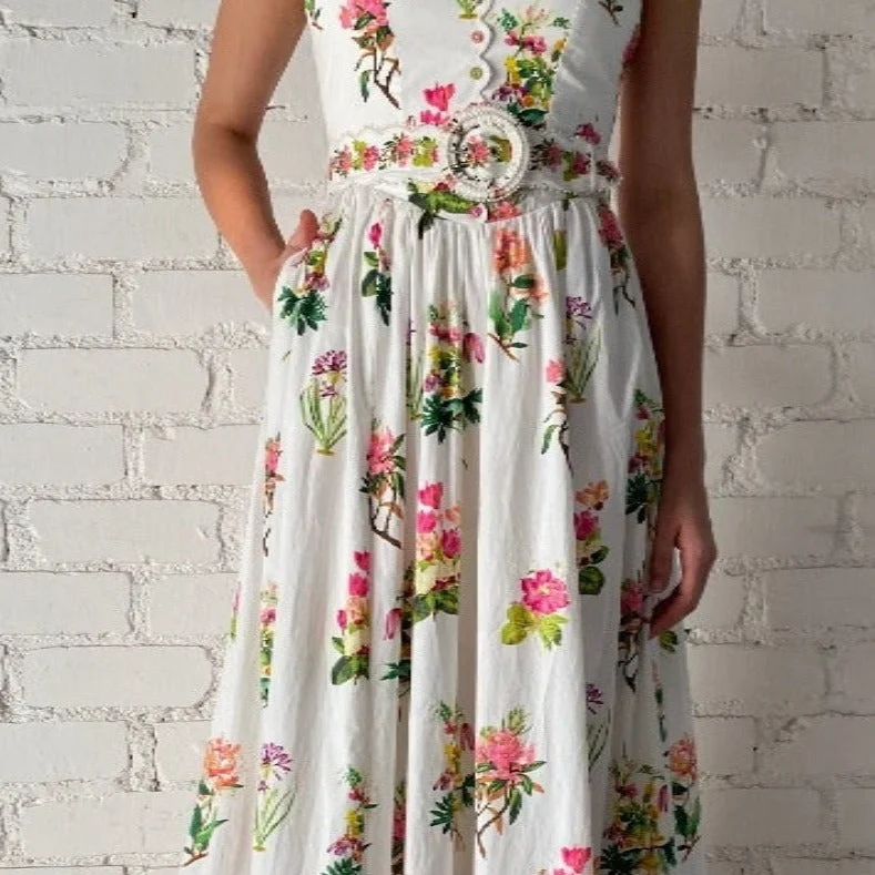 Hemant & Nandita - Long Dress with Buckle Belt in White Floral