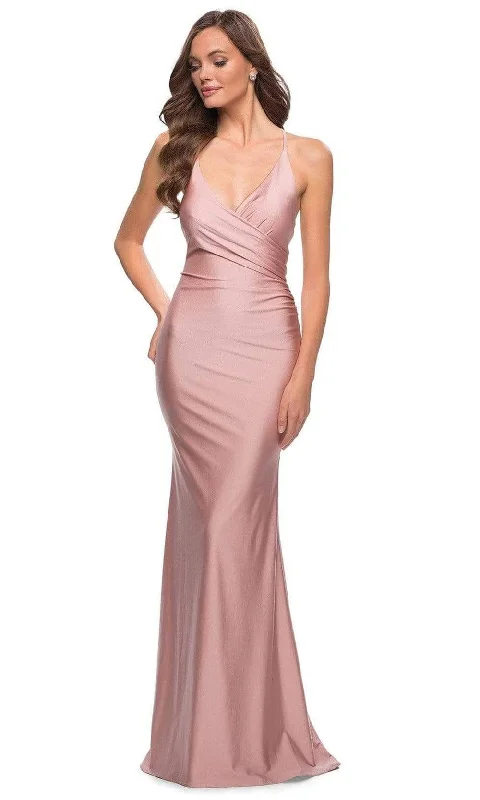 La Femme - 29848 Open Back V-Neck Fitted Silky Jersey Long Dress