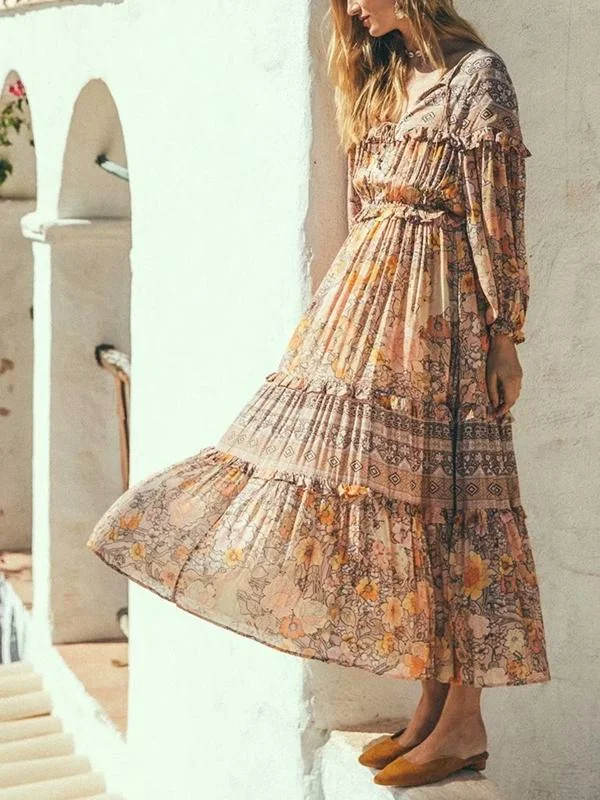 Lace-up Boho Print Long Dress