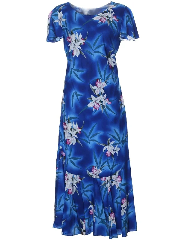 Maxi Hawaiian Dress Cap Sleeves Midnight Orchid