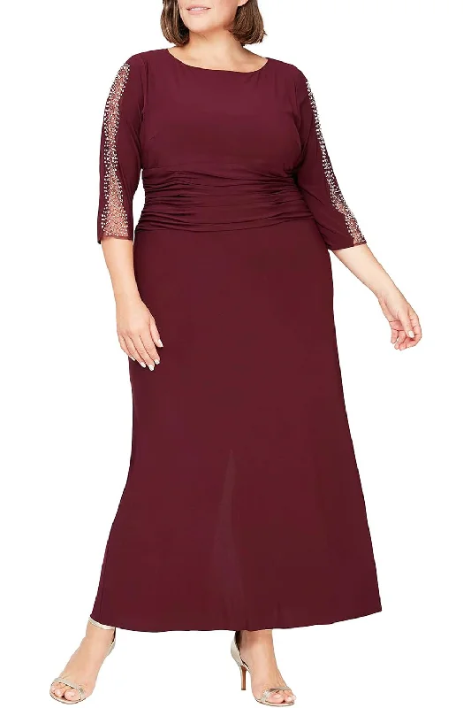 SL Fashion Long Length Ruched Waist Beaded Illusion 3/4 Sleeves Matte Jersey Dress ( Plus Size )