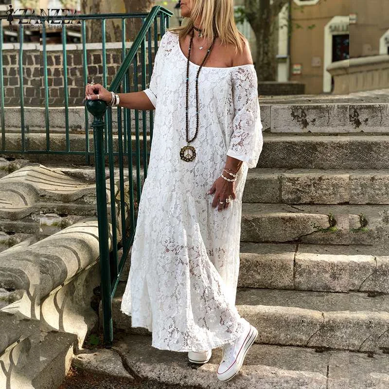 Summer Half Sleeve Lace Crochet Long Dress ZANZEA Women Party Maxi Sundress Robe Femme Elegant O Neck Hollow Out Vestido