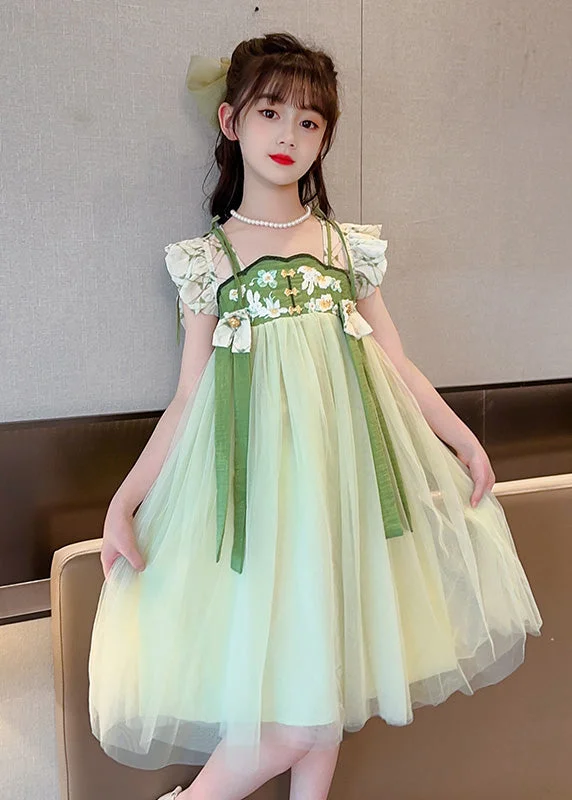 Unique Light Green Embroideried Tassel Patchwork Tulle Long Dress Short Sleeve