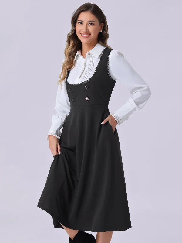 Lace Trim Button Decor Pockets Overalls Midi Pinafore Dress