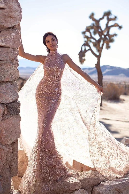 Tyra Glitter Cape Gown - Rose Gold