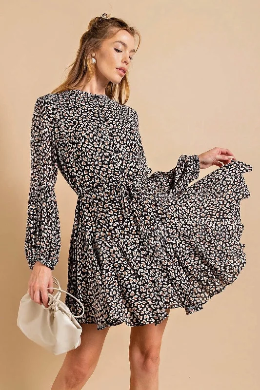 Animal Print Balloon Sleeve Dress